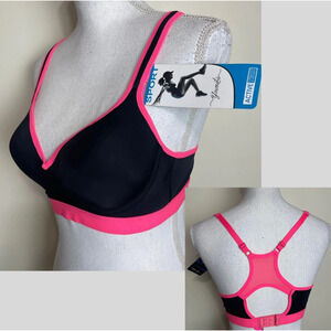 SIZE 32B Youmita Athletic Sports Bra PADDED Wireless Keyhole Racerback BLACK-PNK